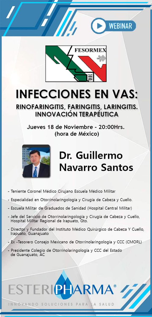 Fesormex's tweet photo. Estamos a 3 días para dar inicio #Infecciones en #VAS: #Rinofaringitis, #Faringitis, #Laringitis. Innovación terapéutica
Jueves 18 de #Noviembre - 20:00Hrs.
(hora del centro de México)
inscríbete sin costo: https://t.co/70ezBzdWo0
CUPO LIMITADO
#otorrinolaringologia https://t.co/xP5SZDuY5A