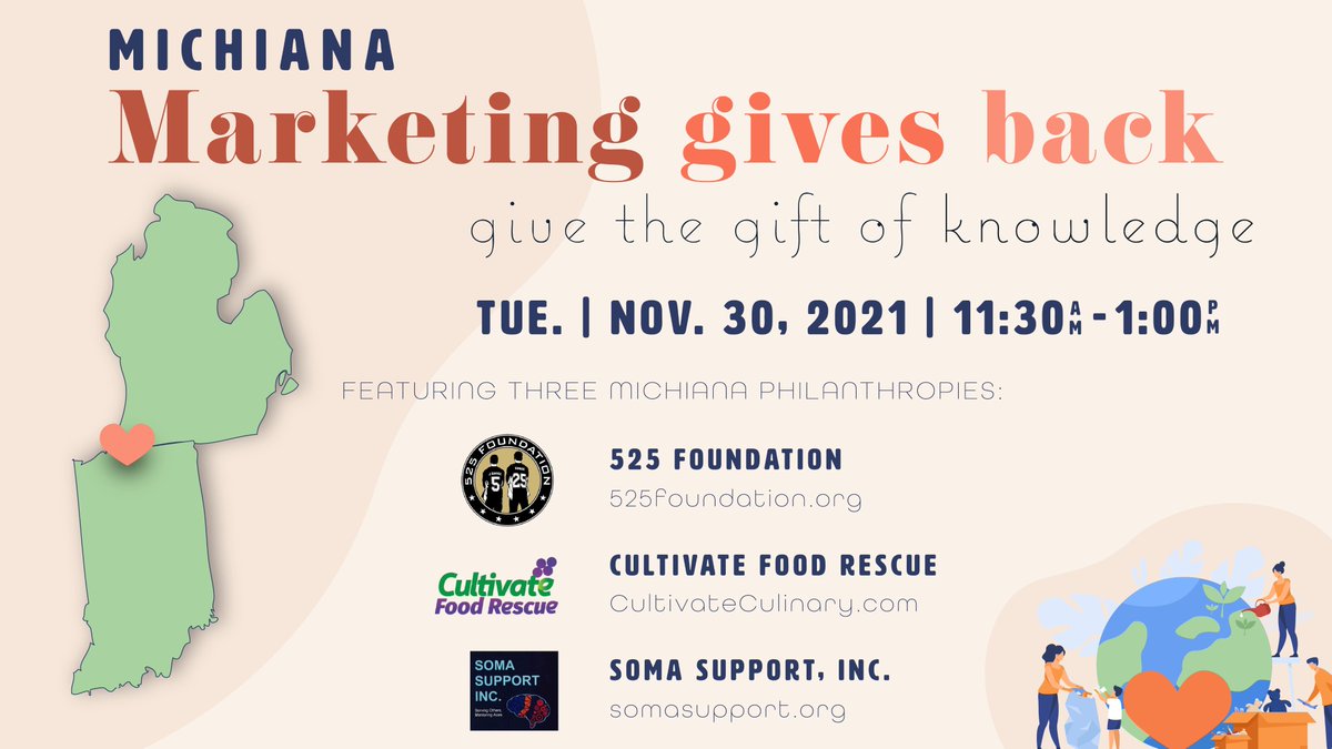 AMAMichiana's tweet photo. Calling all marketers! Join us at this year’s Michiana Marketing Gives Back luncheon on Giving Tuesday, November 30. Hear the stories of three outstanding Michiana non-profits and help them with your marketing experience. Register today: https://t.co/3n6eAdYQB7 https://t.co/WN1AbIXOLl