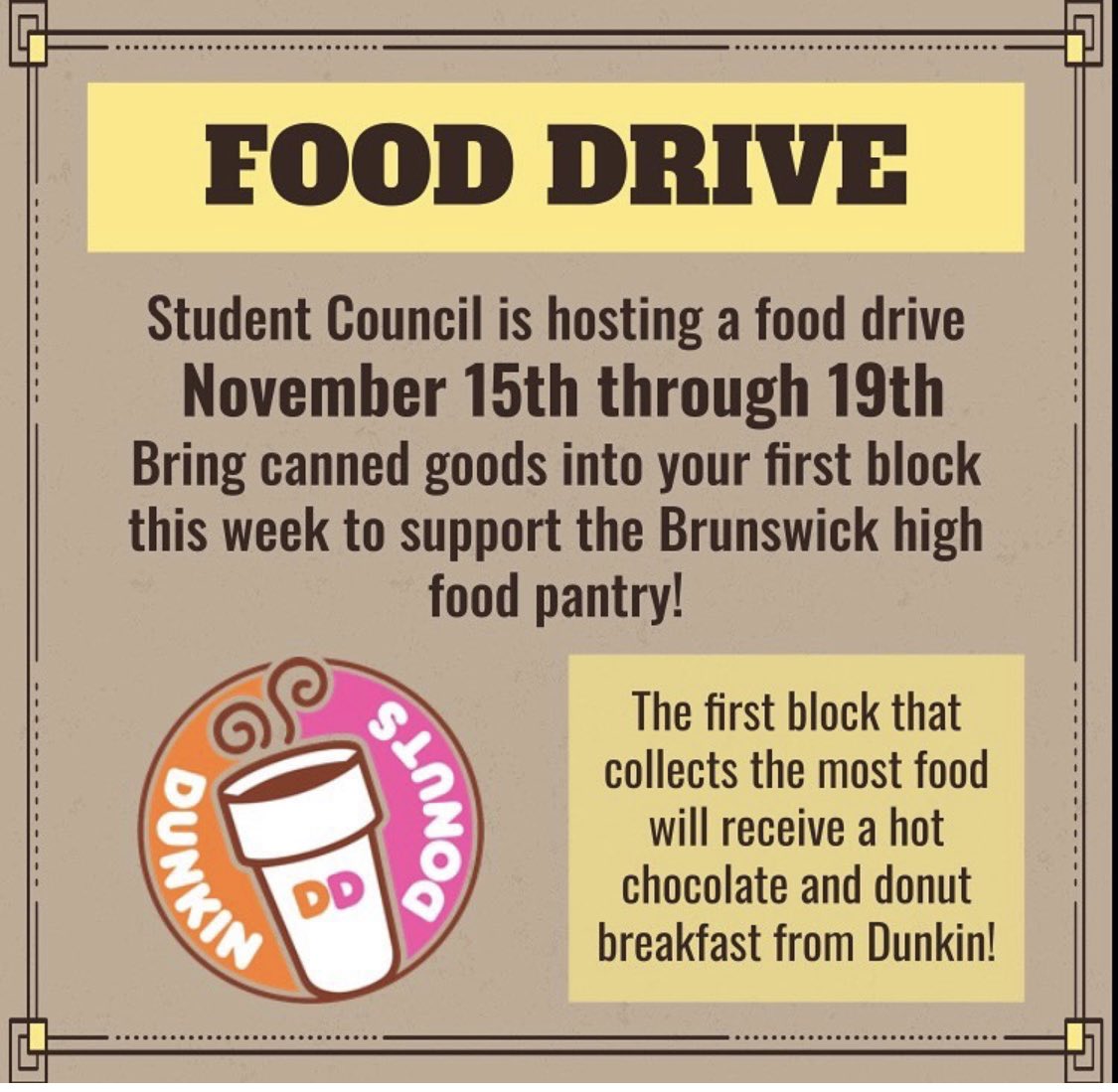 Don’t forget to bring food for the food drive all this week! Make a difference in your community this holiday season!