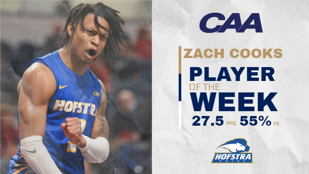 CAABasketball's tweet photo. 🥇 #CAAHoops Men's Player of the Week: Zach Cooks, @HofstraMBB 

Cooks poured in 26 points in an OT setback at No. 15 Houston before tallying 29 in a win at Duquesne Saturday. His 27.5 ppg ranked 4th nationally in the opening week.

📰 https://t.co/Rdgn5Ppzwe https://t.co/zQFqoEx0ls