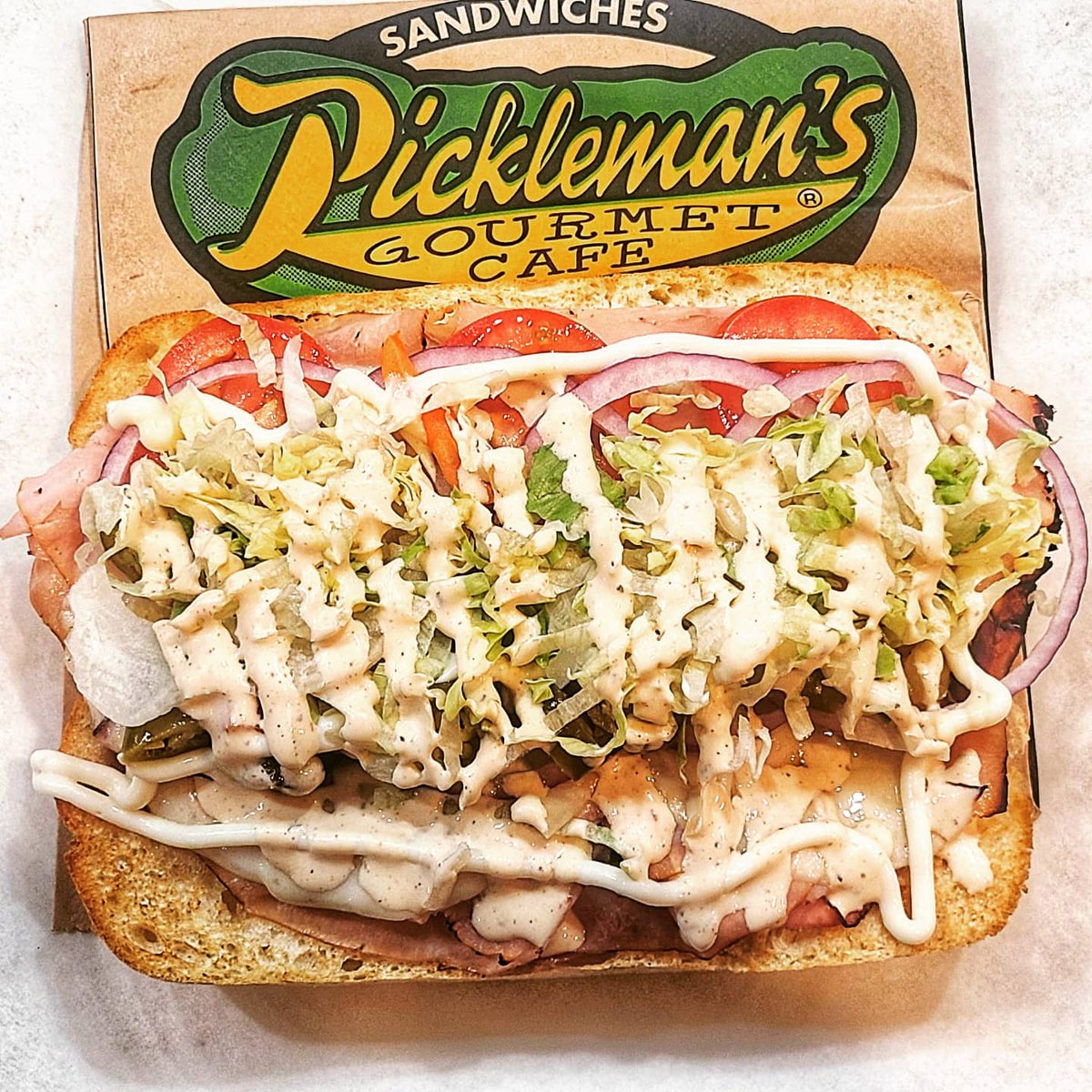 KcPickleman's tweet photo. Hodge Podge! Custom built! All the standard stuff so Salami, Capicola, Turkey, Ham, Provalone, Mayo, Lettuce, Tomato and we added Chipotle Ranch, Giardiniera  Peppers and Onions.  What a delicious way to start a Monday. #picklemansgourmetcafe #westportkc #waldokcmo https://t.co/qWR8Z1M4GW