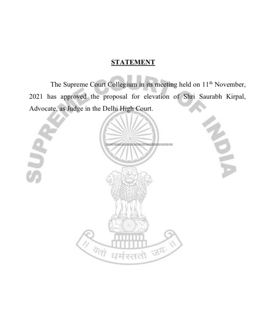 TheLeaflet_in's tweet image. SC Collegium recommends the name of Saurabh Kirpal, Advocate, as Judge in the Delhi High Court.