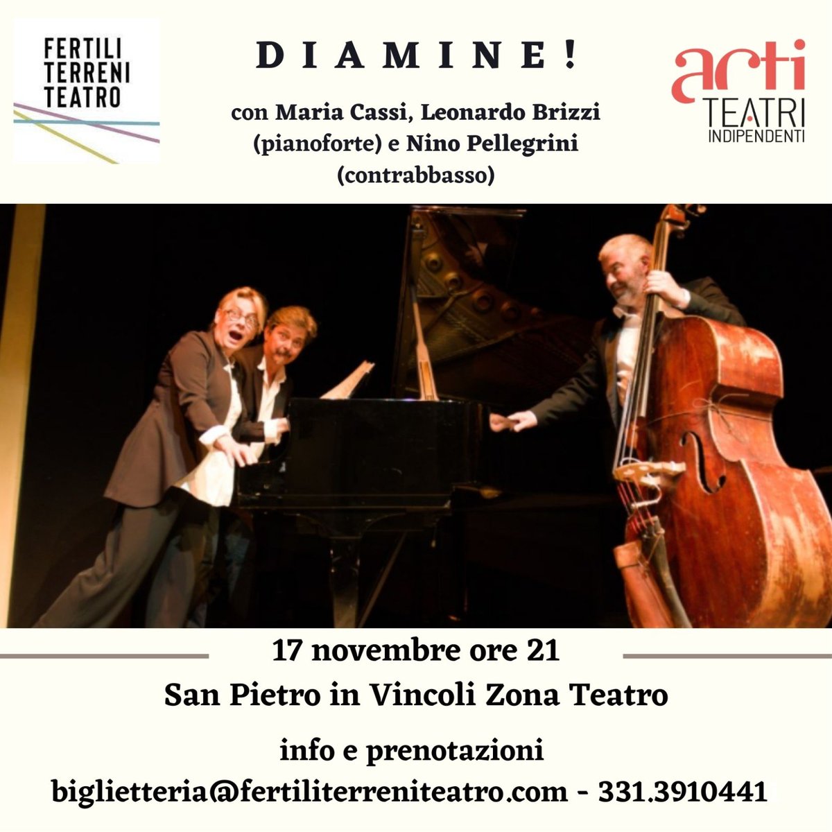 DIAMINE! | Stagione FTT vi aspetta il 17 novembre alle 21 a Torino
in scena, lo storico duo Aringa e Verdurini, #MariaCassi e #LeonardoBrizzi, accompagnati da #NinoPellegrini.
Info e prenotazioni
📧biglietteria@fertiliterreniteatro.com
☎ 331.3910441 (lun-ven h15-18)