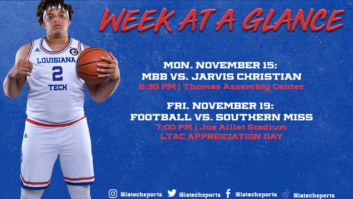 Two chances to see your bulldogs compete at home this week!

<a href="/LATechHoops/">Bulldog Basketball 🐶🏀</a> vs Jarvis Christian 
🎟bit.ly/MBBvsJarvisChr…

<a href="/LATechFB/">LA Tech Football 🏈</a> vs Southern Miss
🎟bit.ly/FBvsSouthernMi…

#EverLoyalBe