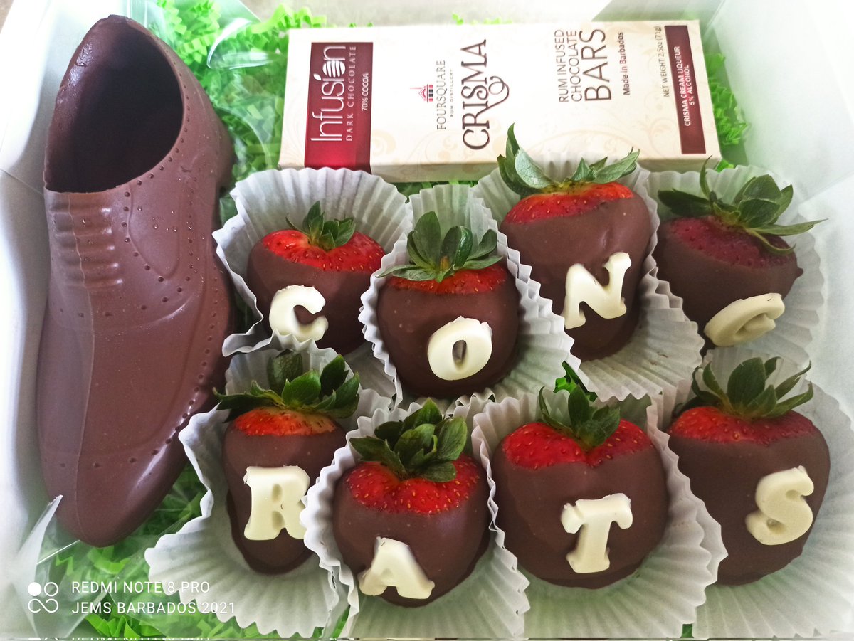 JEM_Chocolates's tweet photo. Saying Congrats with Chocolate. There's no other way! #chocolatemaleshoe #crismarumcream #dippedstrawberries #congrats #darkchocolate #jemsbarbados #Barbados https://t.co/mkrel3gKL5