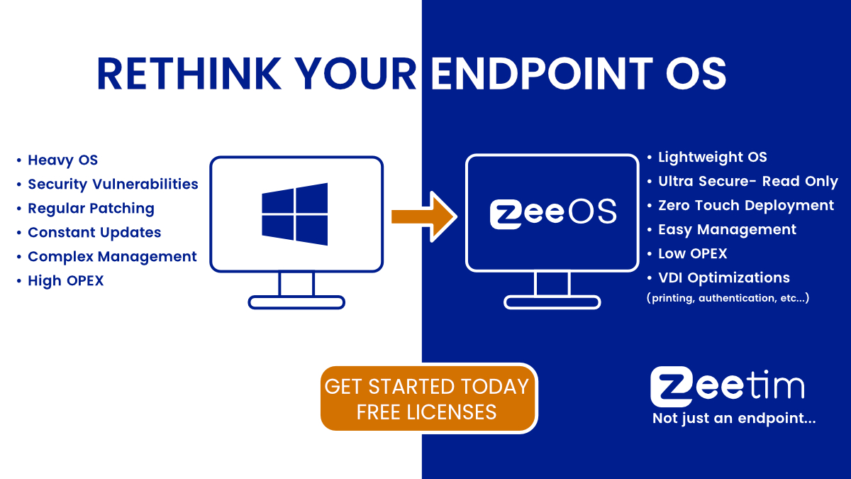 zeetim_software's tweet photo. Its time for a more secure, lightweight OS purpose built for cloud apps and desktops! Get your free ZeeTransformer licenses and start transforming today.
https://t.co/ltJOTucK2N
#ZeeTim #NotJustAnEndpoint #ZeeTransformer
#Thinclients #ZeroClients #Endpoint #endpointsecurity https://t.co/gUZIGh76q7