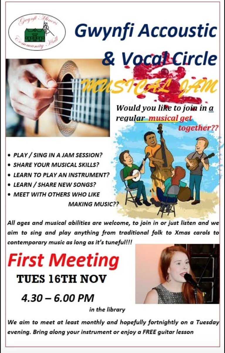 🎸🎤🎶Come and join us at the Gwynfi Miners Community for a jam and a singalong. 
Plenty of fun and a great way to try out different instruments that you may not have had the opportunity to do so before. Please note children under 9 must be accompanied by an adult.
