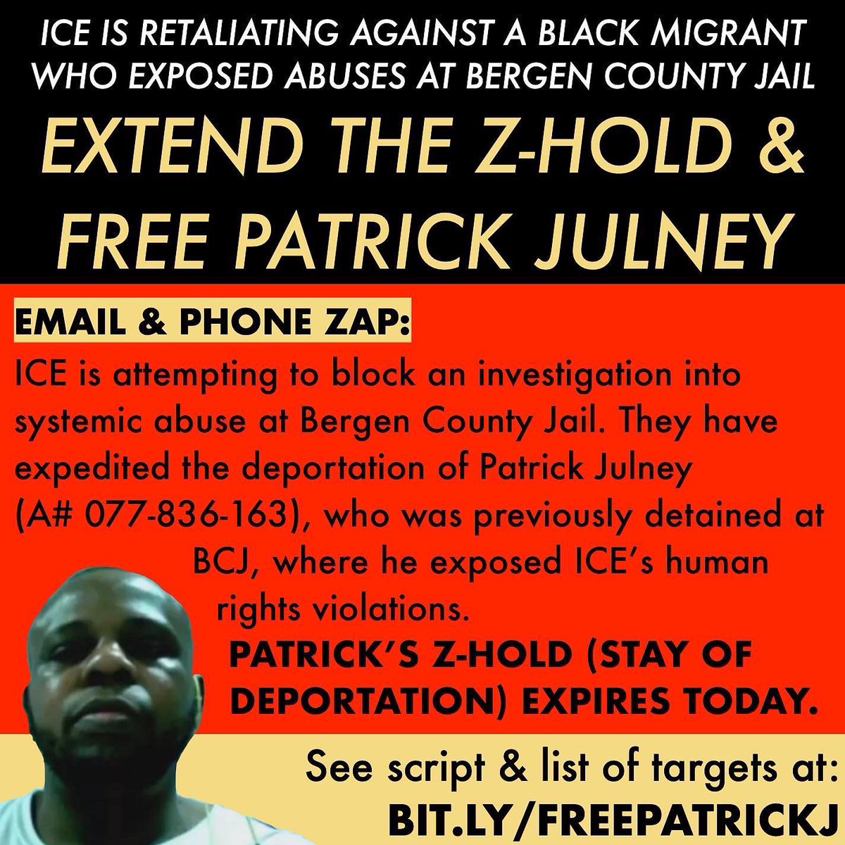 abolishICE_nynj's tweet photo. EMERGENCY: ICE is refusing to extend Patrick’s stay of deportation, which expires TODAY. Community pressure stopped his deportation twice, and we can do it again. Please call Rep. Bennie Thompson: (202) 225-5876. Script &amp; list of targets: https://t.co/u1VYap6oig
#BringPatrickHome https://t.co/VnwlfOjz4B