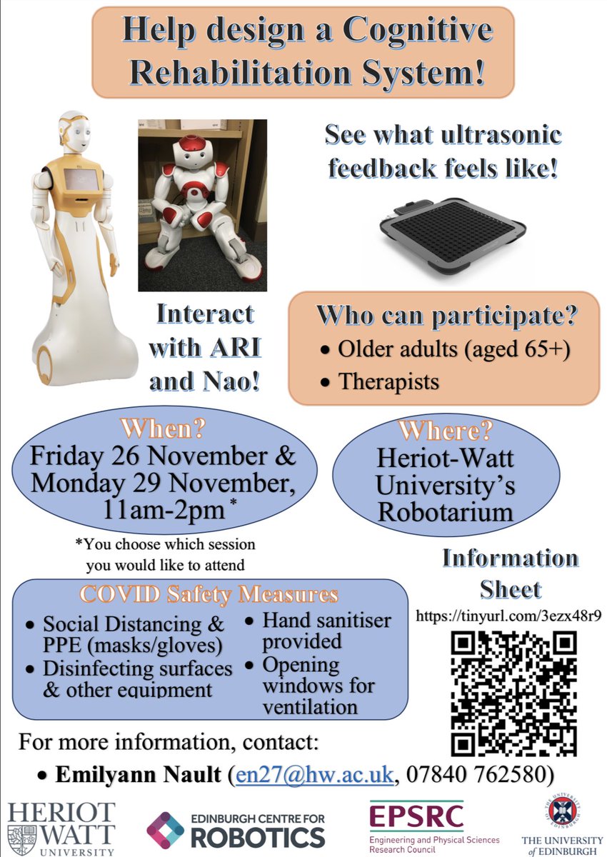 🚨Participants wanted🚨
We're looking for #olderadults and therapists in #Edinburgh to attend our cognitive rehab design workshop.
You'll get to interact with our #robots and experience cutting edge ultrasonic #haptic feedback!
See flyer for more information or dm me directly.🤖