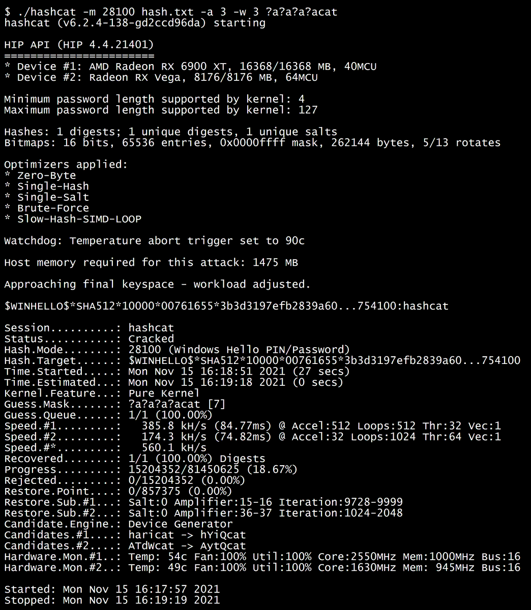 We just added support to crack Windows 'Hello' PIN/Password authentication in hashcat! Regarding all technical details, please have a look at this forum thread: hashcat.net/forum/thread-1… Thanks to @tijldeneut and @banaanhangwagen for all the intense preparational work