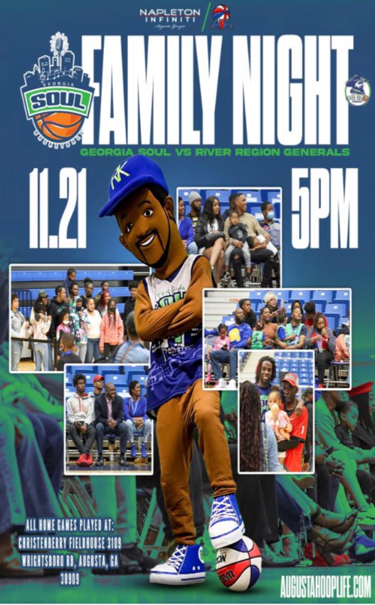 GeorgiaSoulMen's tweet photo. Augusta, bring your family to YOUR Georgia Soul’s family night!! On Nov. 21st we welcome all family’s to a family friendly environment where memories that will last a life time happen. On Nov. 21st at 5:00 pm at Christenberry Fieldhouse to SUPPORT YOUR CITY, SUPPORT YOUR SOUL!! https://t.co/0xMBEt9Any