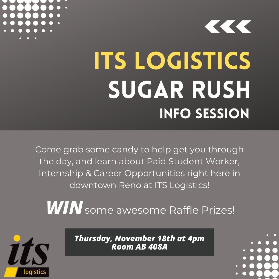 Break up your busy Thursday afternoon with some FREE candy! We will be on campus this Thursday, November 18th starting at 4pm. Learn about Paid Student Worker, Internship &amp; Career Opportunities at ITS Logistics Reno! 📝 <a href="/BizUNR/">The College of Business</a>
