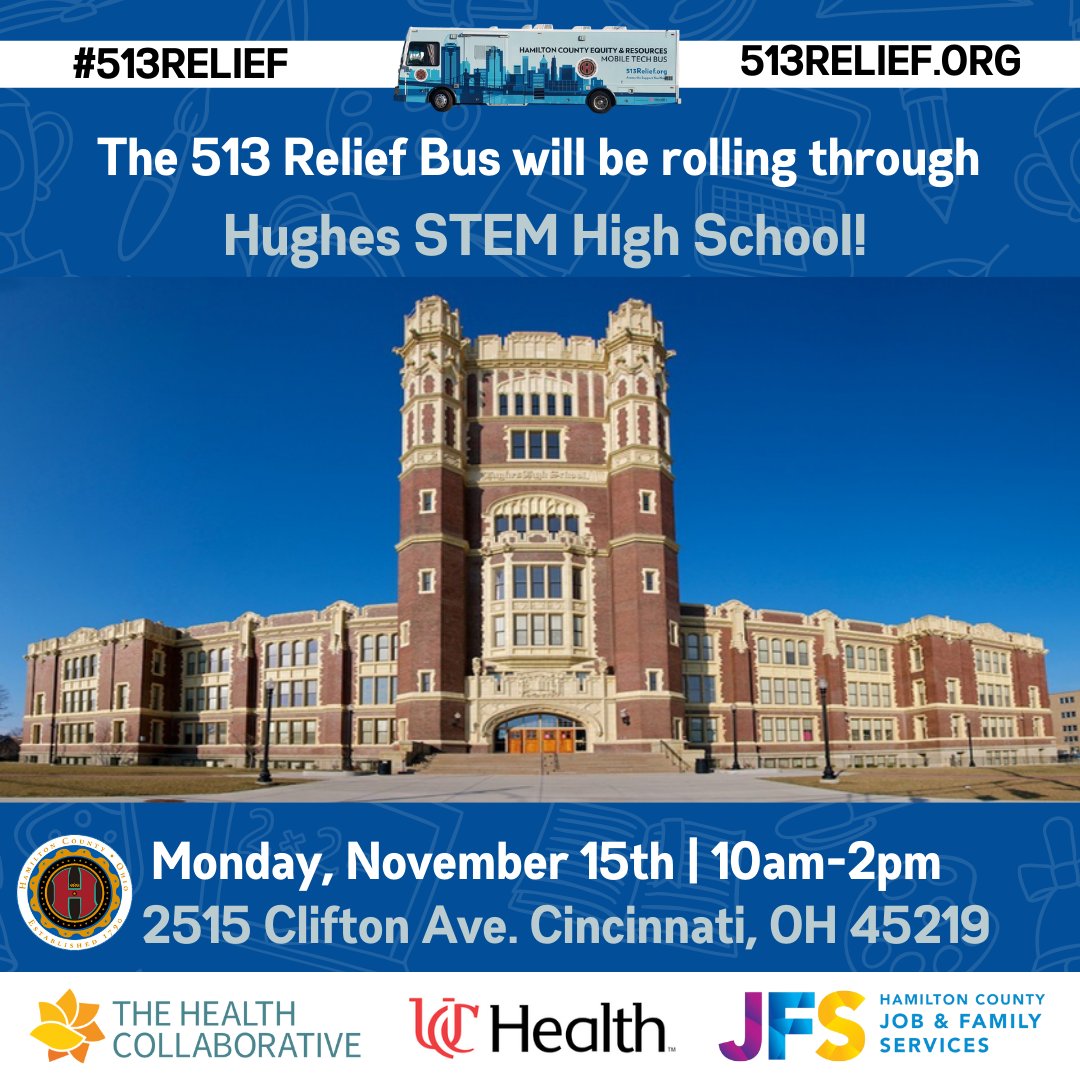 513Relief's tweet photo. The #513reliefbus is bringing resources to you!😁 We will be at @HughesSTEMHS TODAY.
@hamcohealth will be offering FREE COVID vaccines, booster shots and home test kits!
Need assistance with child support or child care? Stop by the @hamiltoncojfs booth next to the bus! 👍🏽 https://t.co/R3XrKVA6CA