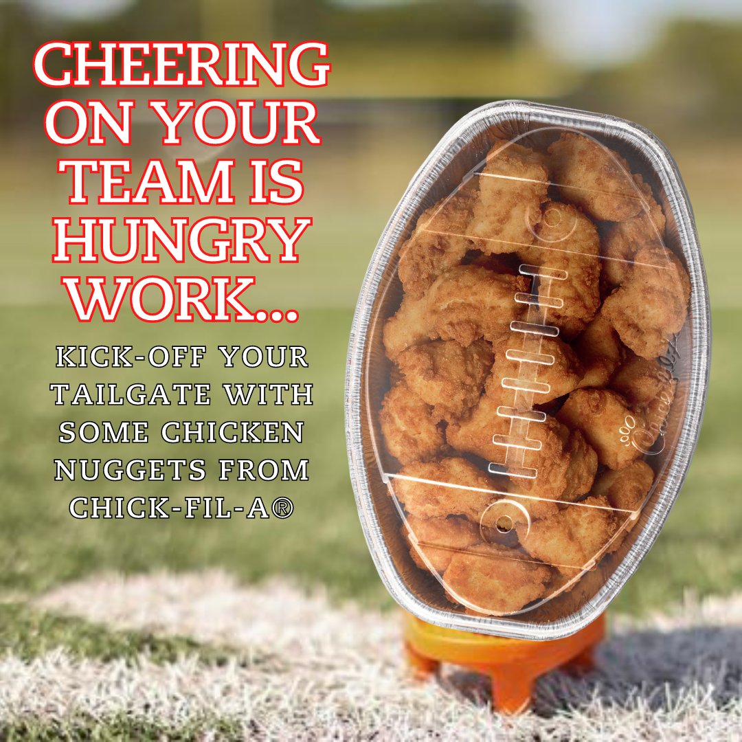 CFAReston's tweet photo. Kick-off your tailgate with some chicken nuggets! Monday night football is always improved with Chick-fil-A®! Come grab a 30-count of Chick-fil-A® Nuggets in a football tray this season for no extra charge! Also available for our 10-count Chick-n-Minis®! #football #tailgate https://t.co/P0UnXkkqmA