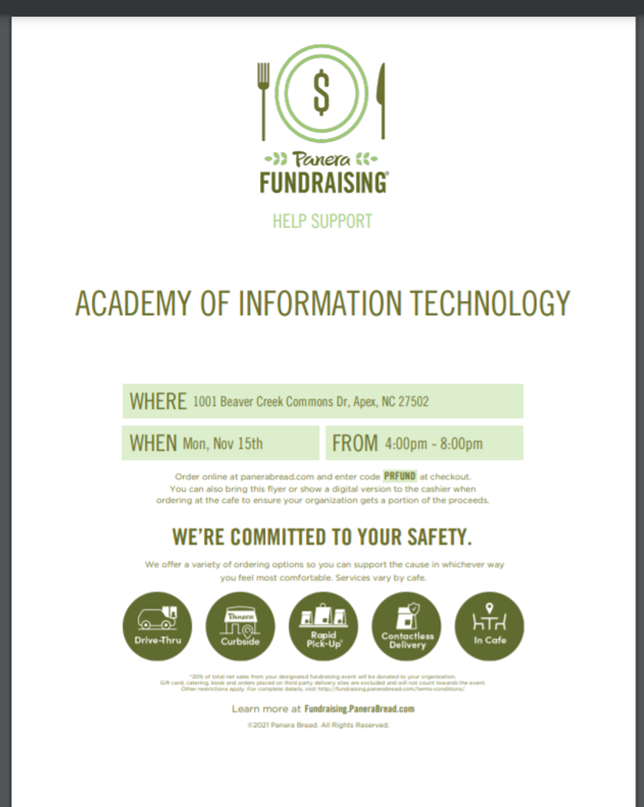 ApexAOIT's tweet photo. Make it a Panera Night! Mention AOIT in store or purchase online for pickup using the code PRFUND today from 4-8PM https://t.co/q2bM44kOeR