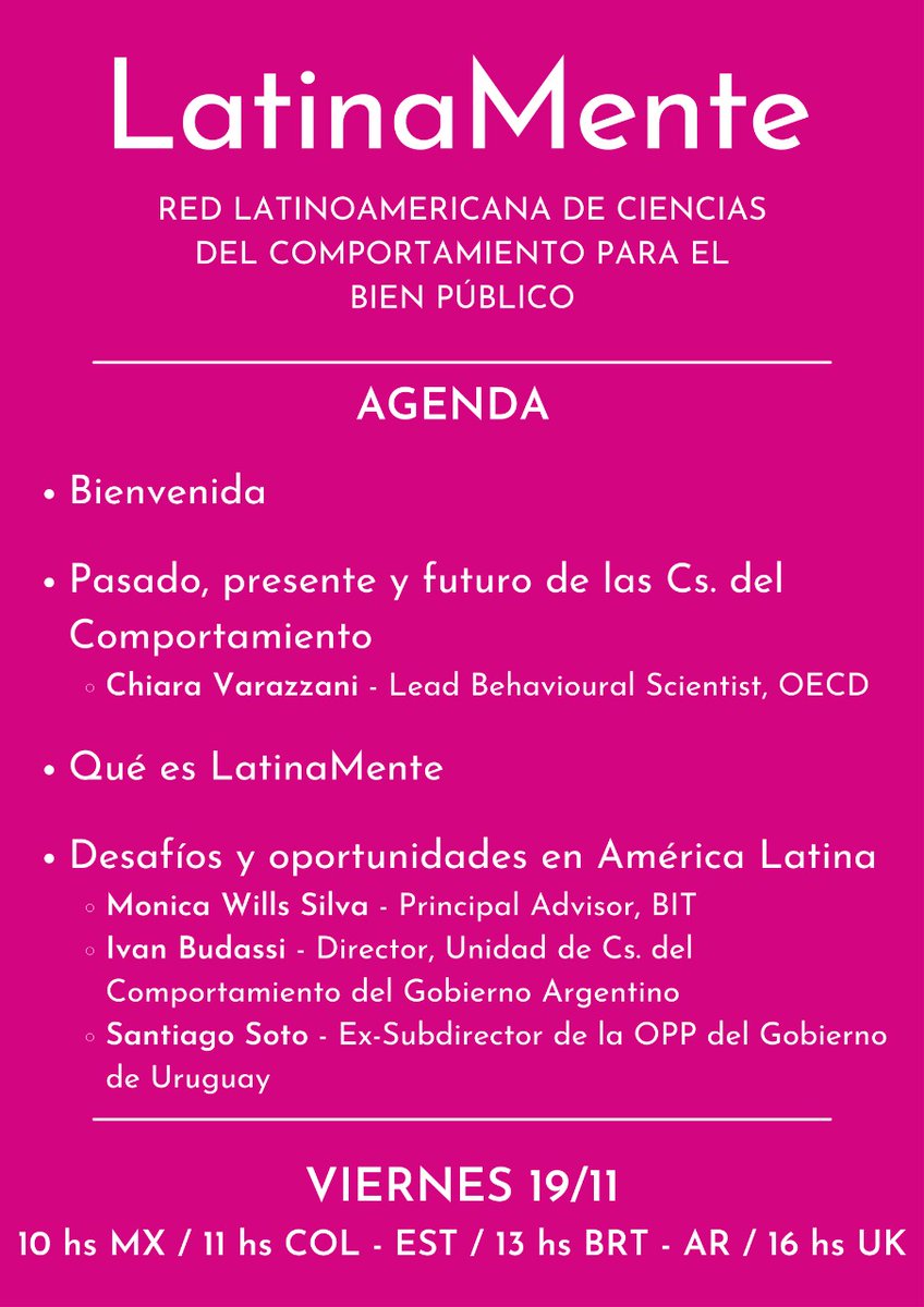 El próximo viernes 19 a las 13 horas (Arg.) se hará el primer encuentro de LatinaMente: Red Latinoamericana de Ciencias del Comportamiento para el Bien Público. Es tiempo que desde nuestra región podamos charlar sobre como aplicarlas en el contexto latinoamericano.//Sigue