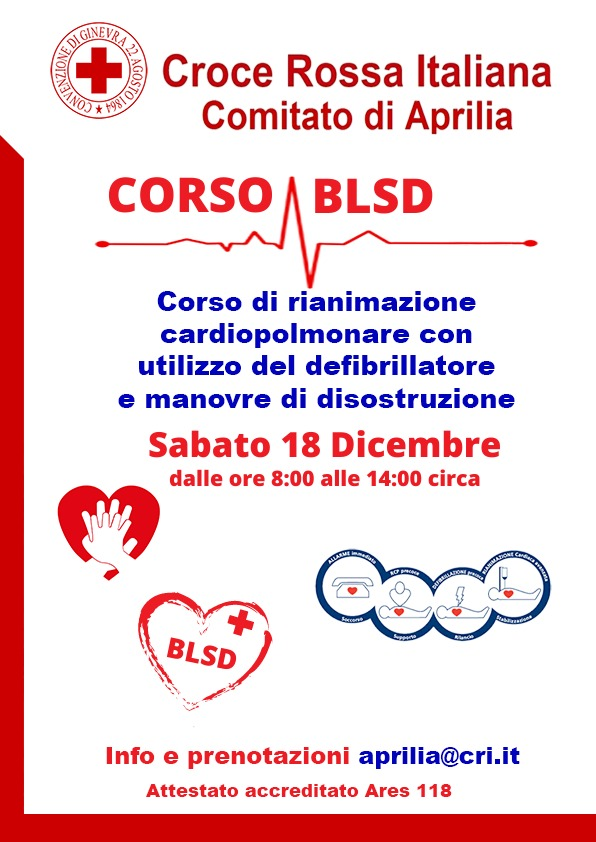 criaprilia's tweet photo. Sabato 18 Dicembre, dalle ore 8:00 alle 14:00 circa, verrà svolto il Corso di rianimazione cardiopolmonare con utilizzo del defibrillatore e manovre di disostruzione. Per info e prenotazione inviare una e-mail ad aprilia@cri.it
#corsoblsd #crocerossaaprilia #unitaliacheaiuta https://t.co/qFfypggbDN