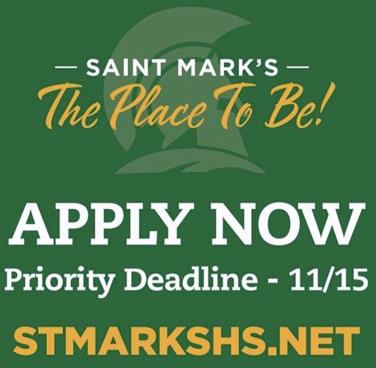 SaintMarksHS's tweet photo. TODAY is the priority application due date to apply to #SaintMarksHS! Ensure you have submitted an online application to ensure your candidacy as a student is reviewed with scholarship opportunities.

Questions?: admissions@stmarkshs.net or 302-757-8721.

🔰🚀#ThePlaceToBe! https://t.co/tZsSjvT1oH