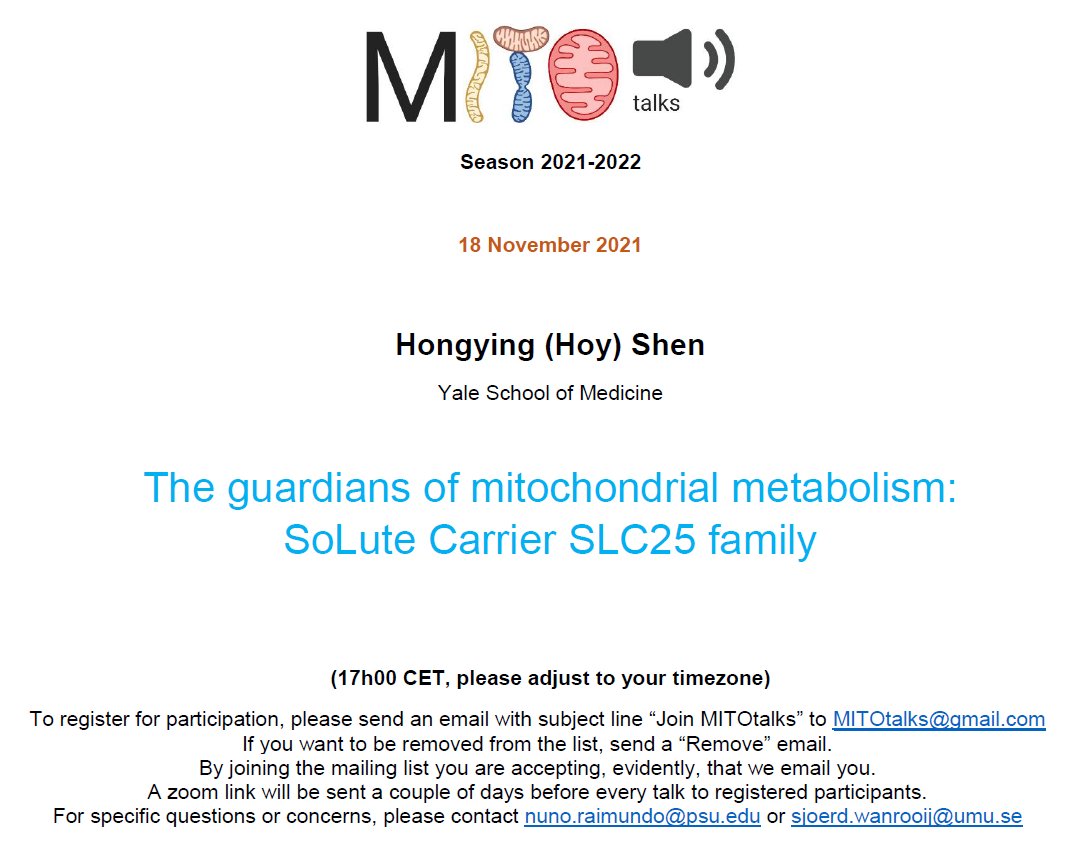MITOtalks (@mitotalks) on Twitter photo We all appreciate how mitochondria handle metabolism.
But how do they handle metabolites?
Our speaker for this week's MITOtalk, Hoy Shen <a href="/HoyShen/">Hoy Shen</a>, has some data and thoughts to share with us.
This thursday (5pm CET)!! We all appreciate how mitochondria handle metabolism.
But how do they handle metabolites?
Our speaker for this week's MITOtalk, Hoy Shen <a href="/HoyShen/">Hoy Shen</a>, has some data and thoughts to share with us.
This thursday (5pm CET)!!