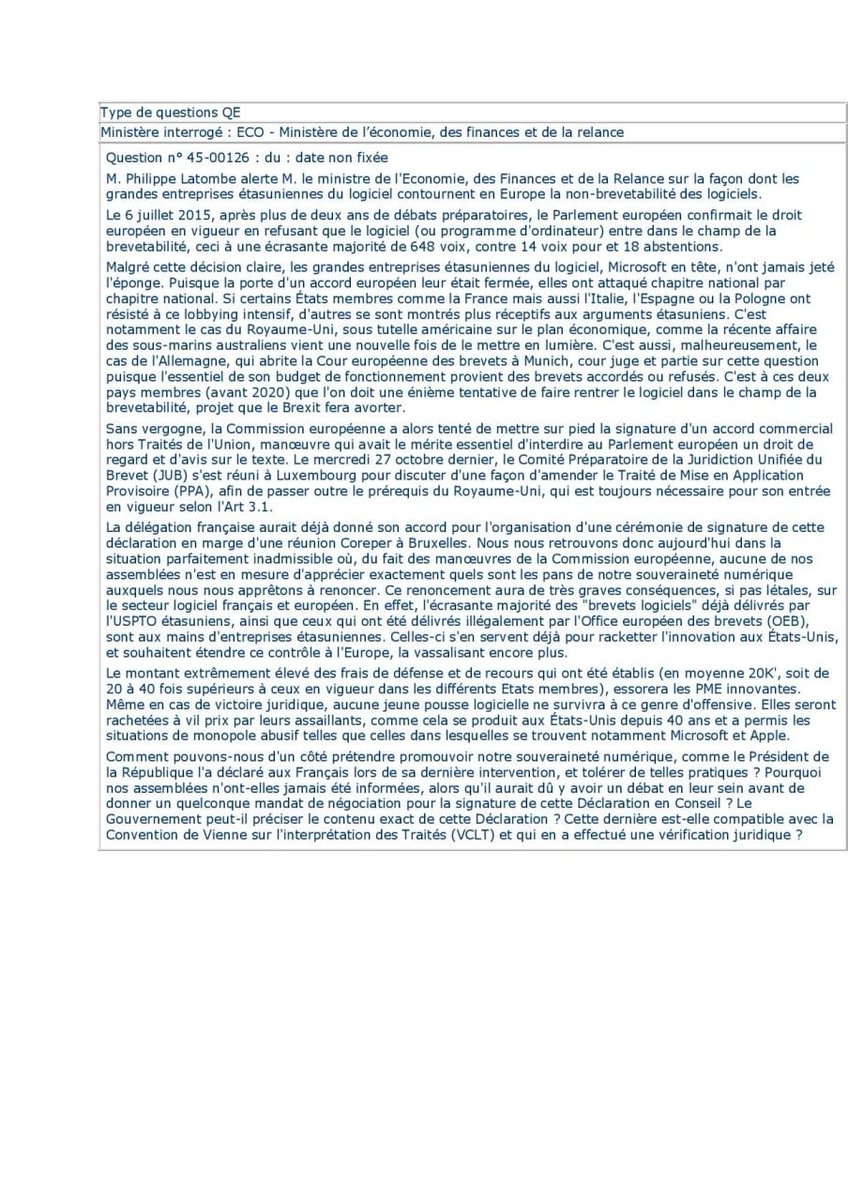 Philippe Latombe (@platombe) on Twitter photo Quand on nous rejoue la guerre des "brevets logiciels" #UnionEuropéenne...dans le dos des parlements nationaux sur pression lobbyiste des #gafam 😫😫😫
Je demande au gouv des éclaircissements par une question écrite 👇
<a href="/cedric_o/">Cédric O</a> <a href="/BrunoLeMaire/">Bruno Le Maire</a> <a href="/CBeaune/">Clément Beaune</a> <a href="/tariqkrim/">Tariq KRIM</a> <a href="/SouveraineTech/">Souveraine Tech</a> Quand on nous rejoue la guerre des "brevets logiciels" #UnionEuropéenne...dans le dos des parlements nationaux sur pression lobbyiste des #gafam 😫😫😫
Je demande au gouv des éclaircissements par une question écrite 👇
<a href="/cedric_o/">Cédric O</a> <a href="/BrunoLeMaire/">Bruno Le Maire</a> <a href="/CBeaune/">Clément Beaune</a> <a href="/tariqkrim/">Tariq KRIM</a> <a href="/SouveraineTech/">Souveraine Tech</a>
