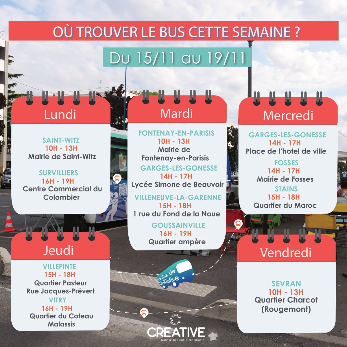 [AGENDA DU BUS]
Retrouvez le calendrier de la semaine du bus de l'initiative🚌
Le bus parcourra les villes de Saint witz, Survilliers, Fontenay-en-parisis, Garges, Villeneuve-la-Garenne, Goussainville, Fosses, Stains, Villepinte, Vitry-sur-Seine et Sevran

#busdelinitiative