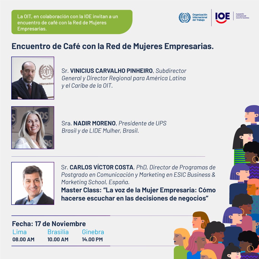 OITAmericas's tweet image. Encuentro de Café con la Red de Mujeres Empresarias de ALyC🌎

🗓️Jueves 17 de noviembre a las 08.00 hs de Lima🇵🇪 / 10.00 hs de Brasilia🇧🇷 / 14.00 hs de Ginebra🇨🇭

Organizan: Programa #GanarGanar de @OITAmericas con apoyo de @oievoz

Link de acceso directo: youtube.com/ILO/videos