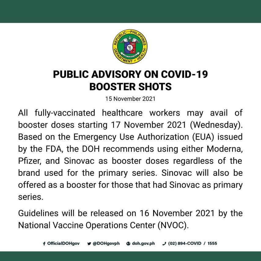newswatchplusph's tweet image. DOH: Giving out of booster shots for health workers begins on November 17th, Wednesday. Recommended brands are Moderna, Pfizer &amp;amp; Sinovac regardless of initial vaccine brand received.

NVOC to release guidelines tomorrow, Nov 16 | @CarolynBonquin