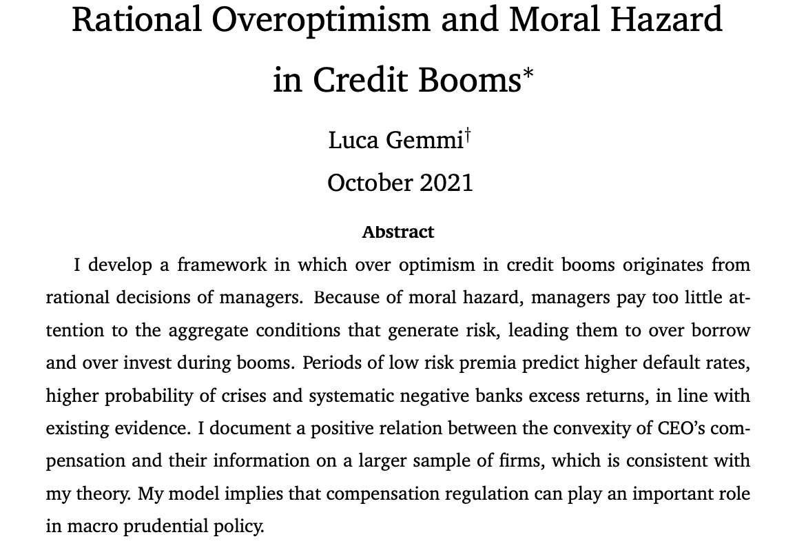 LucaGemmi's tweet photo. 📢 JMP Thread 📢 

Title: “Rational Overoptimism and Moral Hazard in Credit Booms”

Website: https://t.co/BCc8YHkWfj

A short thread 👇 (1/12)

#EconTwitter #JobMarket #Macroeconomics #Finance #Information #BostonCollege @BostonCollege https://t.co/yVhgOcXbEi
