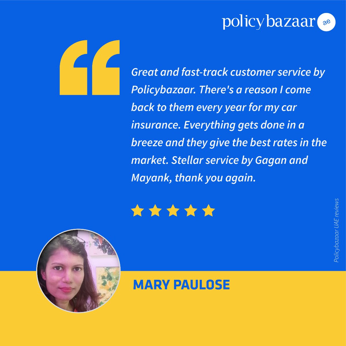 PolicybazaarUAE's tweet photo. Being fast and reliable is what we believe in. We feel proud when our team proves it right at every step. Thank you Mary for such kind words.
#PolicyBazaarUAE #GoodCustomers #SmilingFace https://t.co/UThimnc4vt