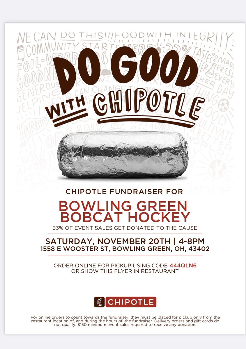This SATURDAY please support Bobcat Hockey by eating at chipotle! Bring this flyer or just mention Bobcat Hockey at checkout! You can also use the online code to order online!