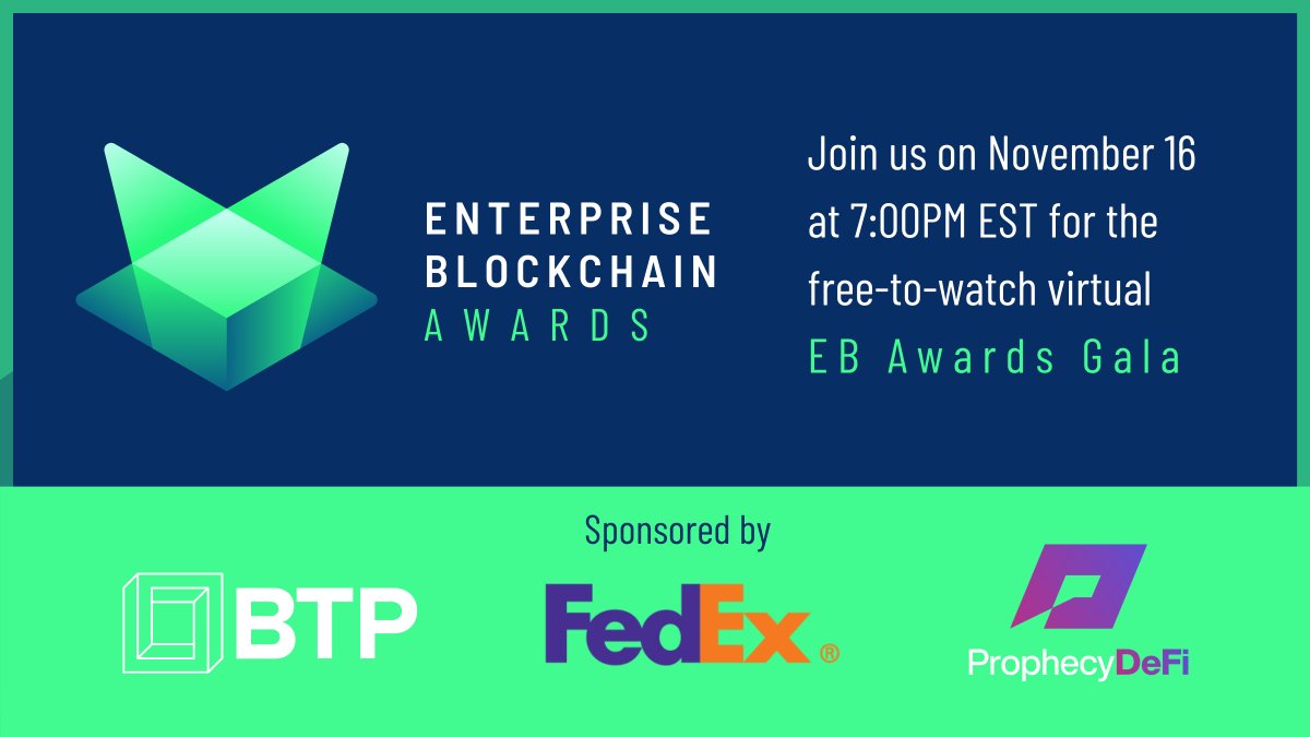 The Enterprise Blockchain Awards go live Tomorrow at 7PM Eastern! Join us for the free-to-watch virtual EB Awards Gala on Tuesday, where we will celebrate 31 finalists. Registration is almost full, don't miss out: bit.ly/3HlRxB7 #EBA2021 #Enterprise #Blockchain