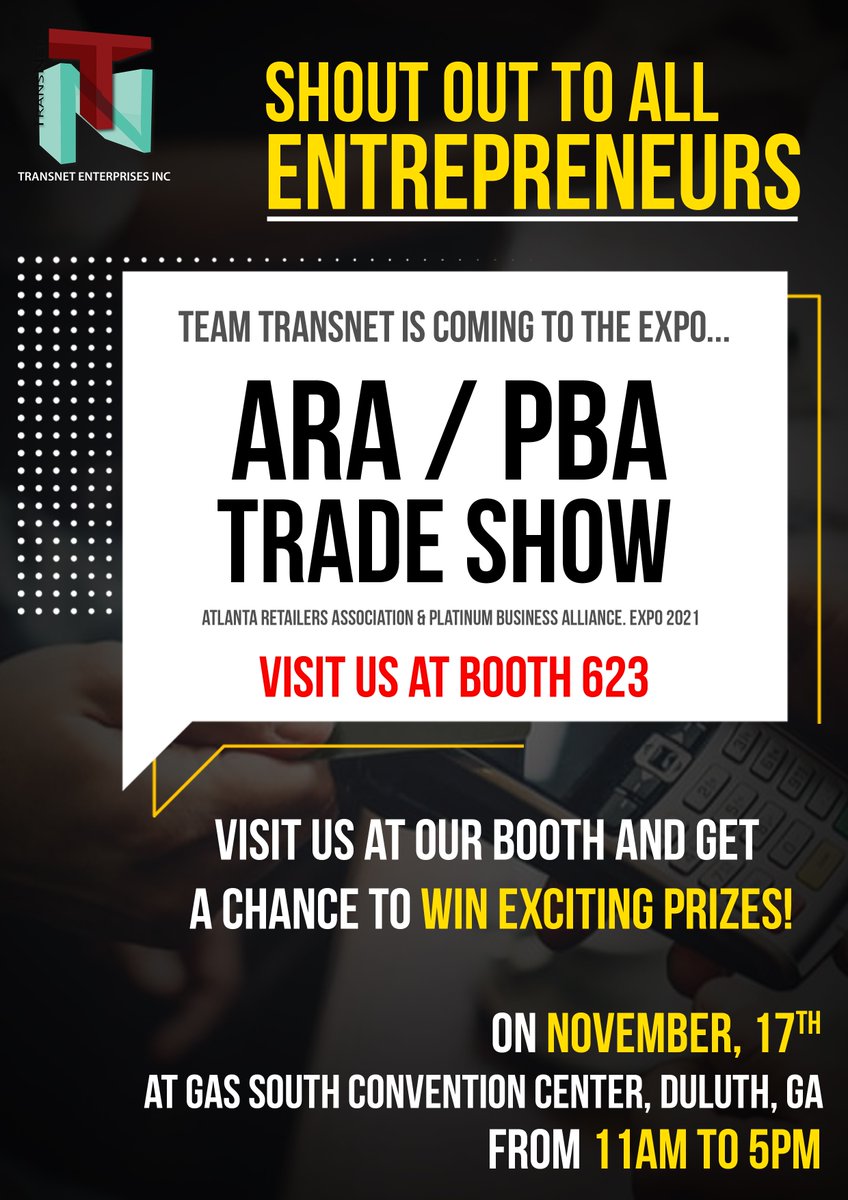 TransNet_Ent's tweet image. Join us at the ARA/PBA Trade Show 2021.

Visit us at our booth #623 and get a chance to win Exciting prizes! 

#TransNet #CreditCardProcessing #PaymentSolution #PaymentProcessing #TradeShow #Expo2021 #ARA #PBA #Atlanta