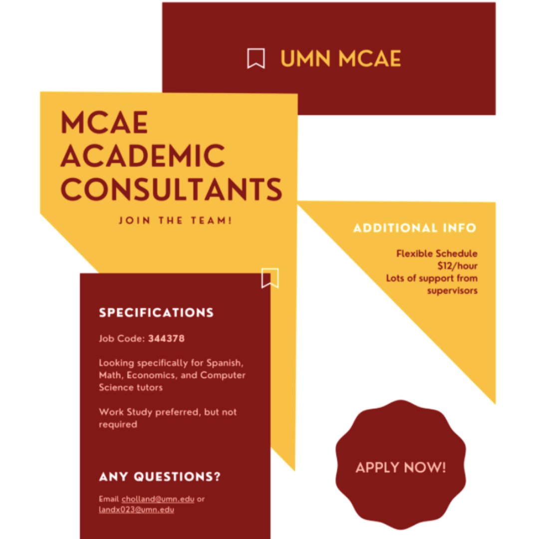 umnsuccess's tweet photo. Looking for a rewarding job this spring? Apply to become a @umnMCAE Academic Consultant! You'll be helping your fellow students and gaining great skills for a future career! https://t.co/AKtdXVv4fq
