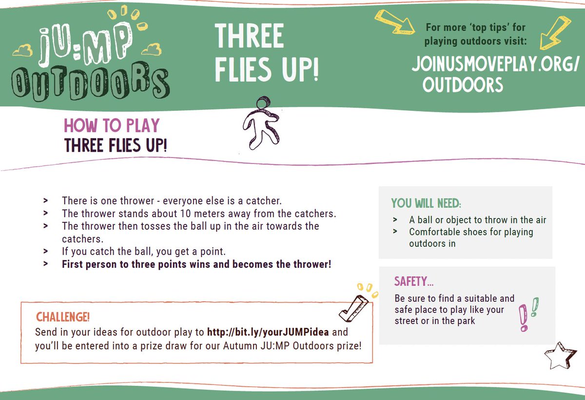 JoinUsMovePlay's tweet photo. NEW JU:MP challenge of the week! Can you play Three Flies Up? Remember Kids can submit their own outdoor play ideas at https://t.co/zX6RiD9U7V & have the chance to win a scooter through our prize draw! #BringBackOutdoorPlay because #OutdoorPlayMatters https://t.co/oxsvtIGqP2