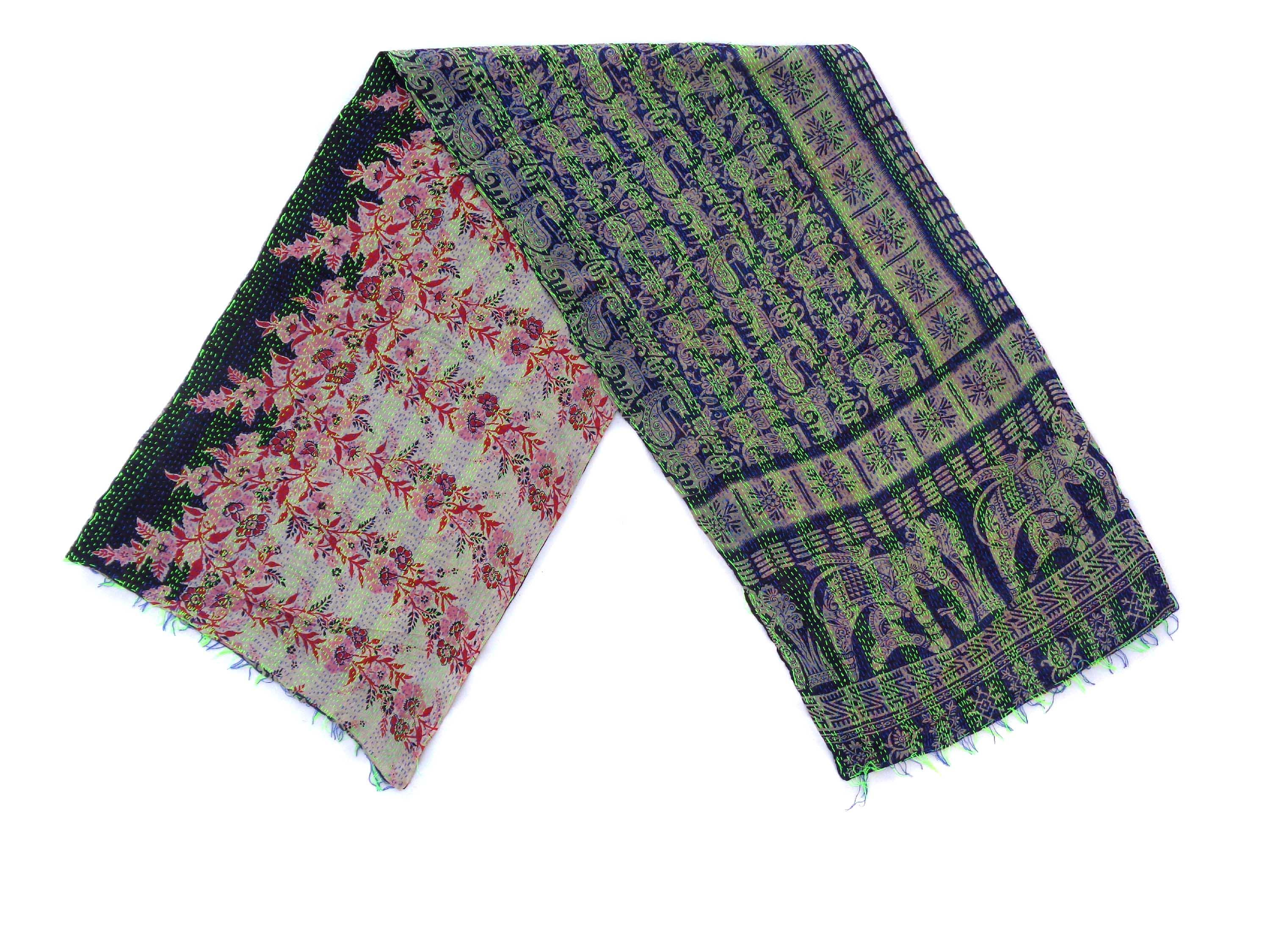 Silk Kantha Scarf Neck Wrap Stole Dupatta Hand Quilted Women Scarves Reversible KS53