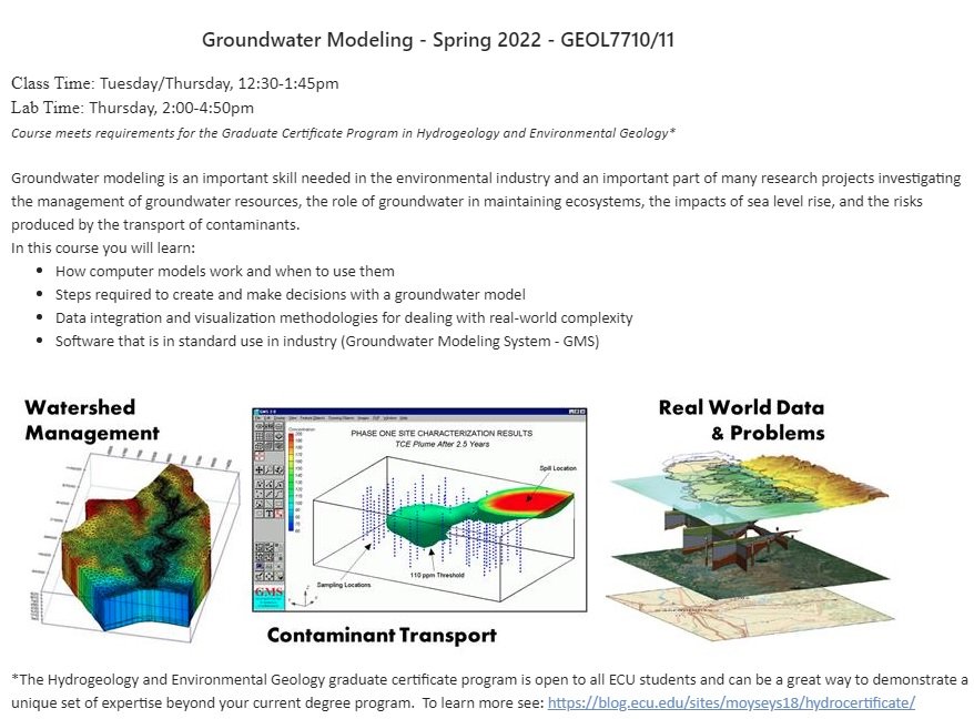 ECUWRC's tweet image. Spring 2022 Course:
GEOL 7710/11 Groundwater Modeling

Are you interested in the management of groundwater resources? This course will help you develop important skills needed to work in the environmental industry.

 #PirateNation #environmentalmanagement #groundwatermodeling