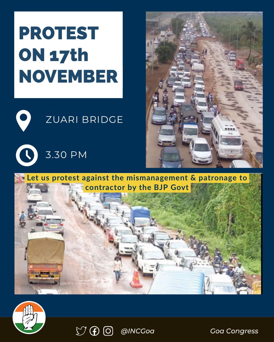 INCGoa's tweet image. Lets protest without disturbing the traffic on Zuari bridge. Together let’s bring an end to this failed anti-Goa BJP government. #GoaDeservesGoodRoads
#Goadeservesbetter