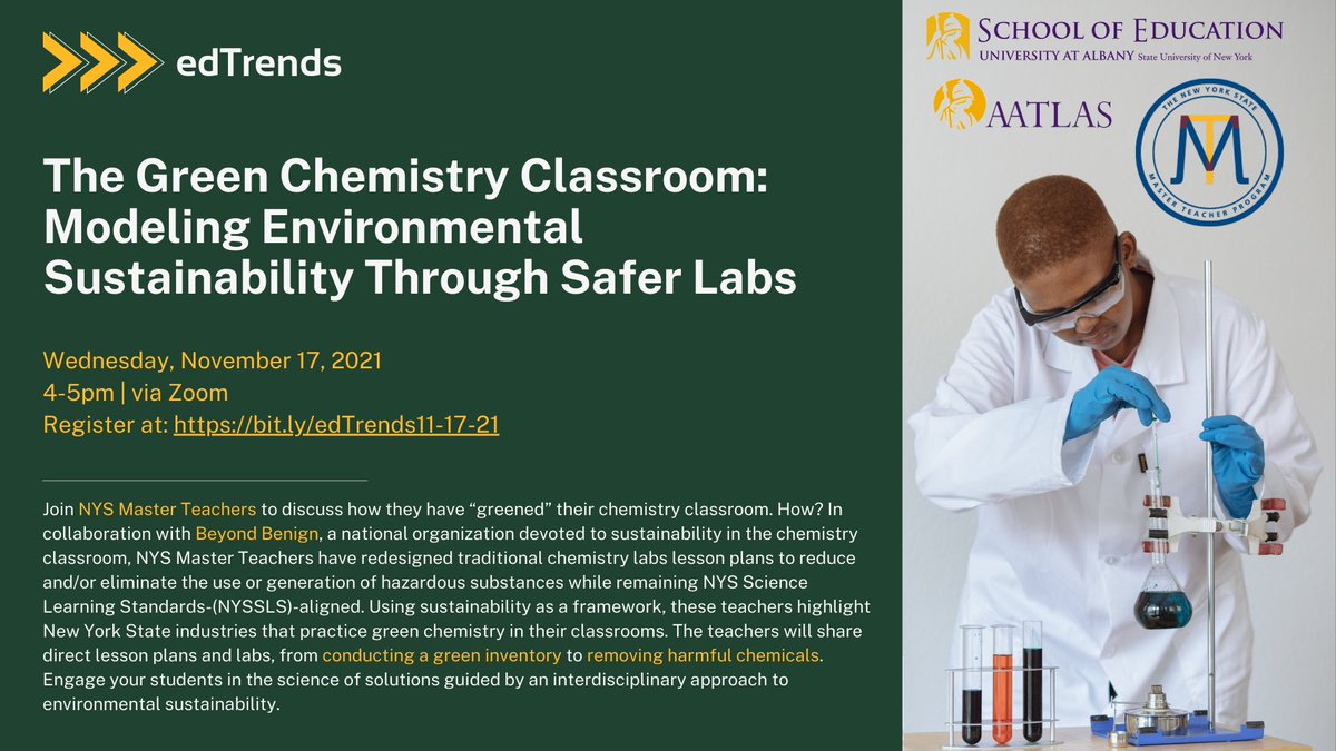 UAlbanyEdu's tweet photo. #edTrends 11/17 @ 4pm
The Green Chemistry Classroom: Modeling Environmental Sustainability Through Safer Labs
https://t.co/HtxjOvYrXk
@AatlasEd @NYSMTP @beyondbenign
#chemistry #teaching #sustainability https://t.co/USn6FMhkxF