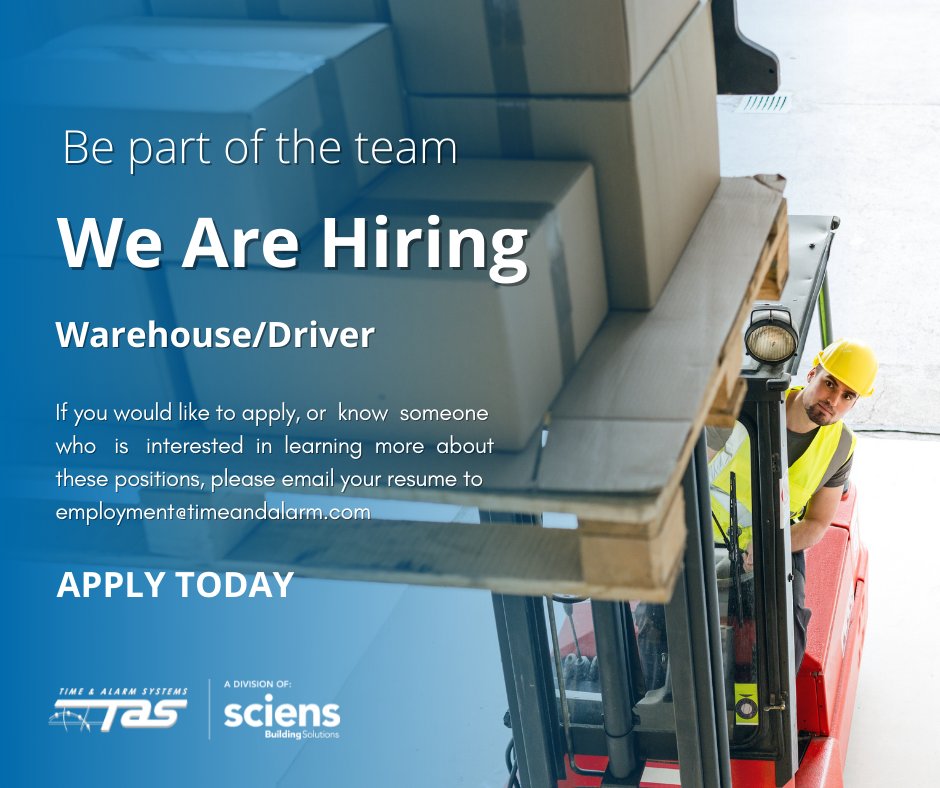Time and Alarm Systems is hiring for a Warehouse/Driver role! Apply today! #Careers #Hiring #Recruiting
