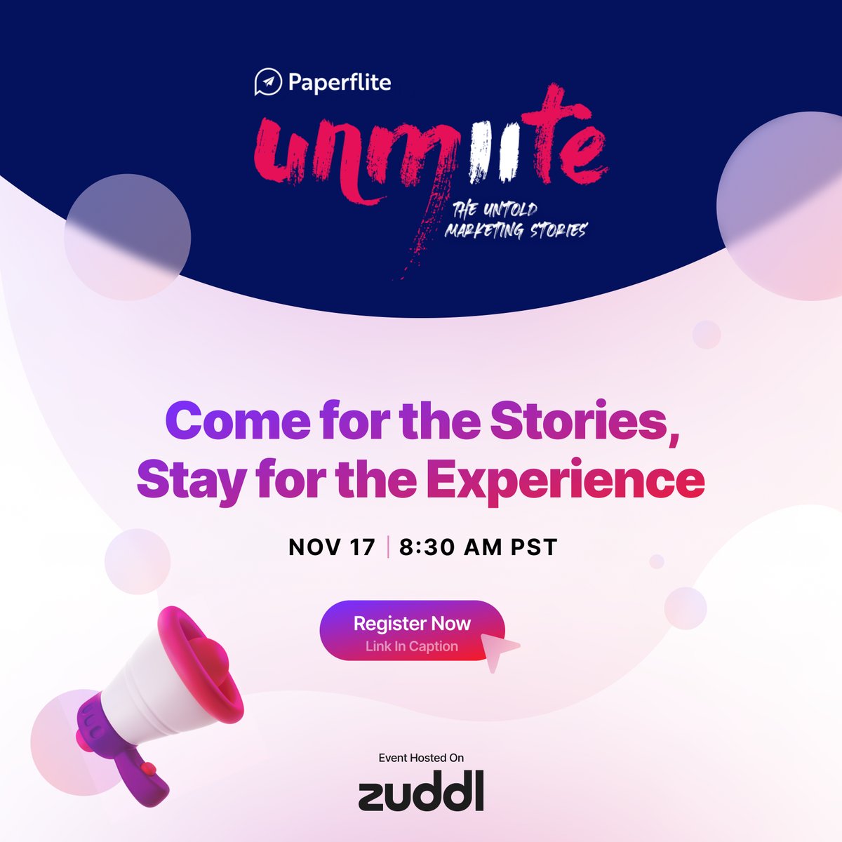 WeareZuddl's tweet photo. Join us to unmute the untold stories of Marketing only on Zuddl on 17th November. We’re delighted to be partnering with @Paperflite for this year’s most exciting marketing event "Unmute".🤩
Register now: https://t.co/NGeFR8Lk8C

#unmute2021 #paperflite #virtualevents #wearezuddl https://t.co/WVlmFt3Hfs