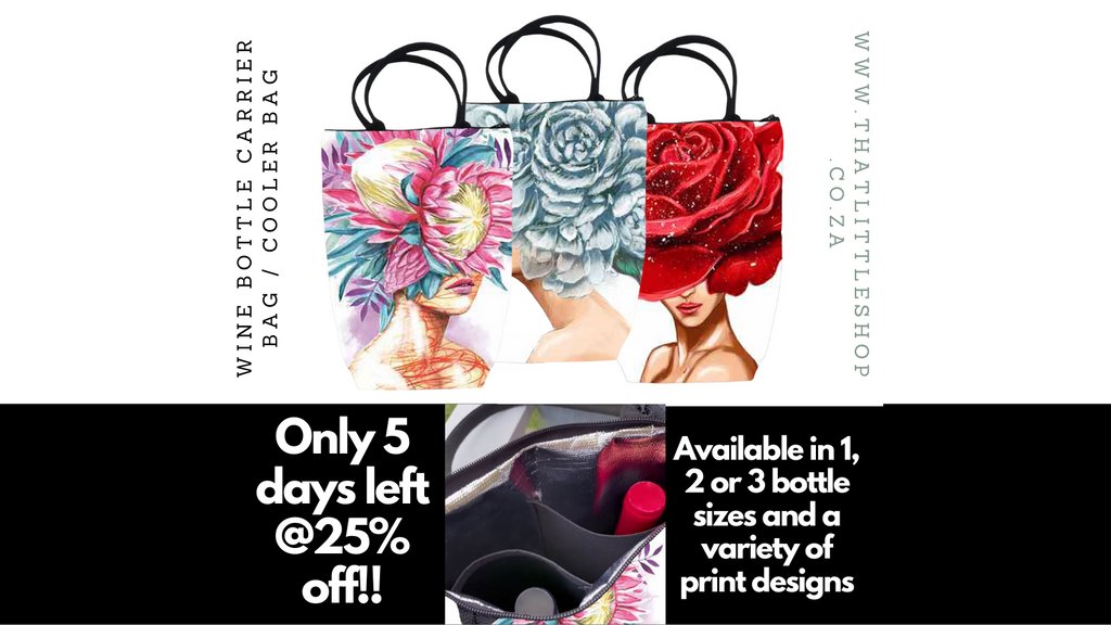 Only 5 days left to order all our #winecarrierbag &amp; #coolerbags at 25% off!

Available in 1, 2 or 3 bottle sizes &amp; a variety of prints.

#thatlittleshop #decor #homeware #gifts #winecooler #winecoolerbag #naturegirl #christmasgift #madeinsouthafrica #summerpicnics #summerholiday