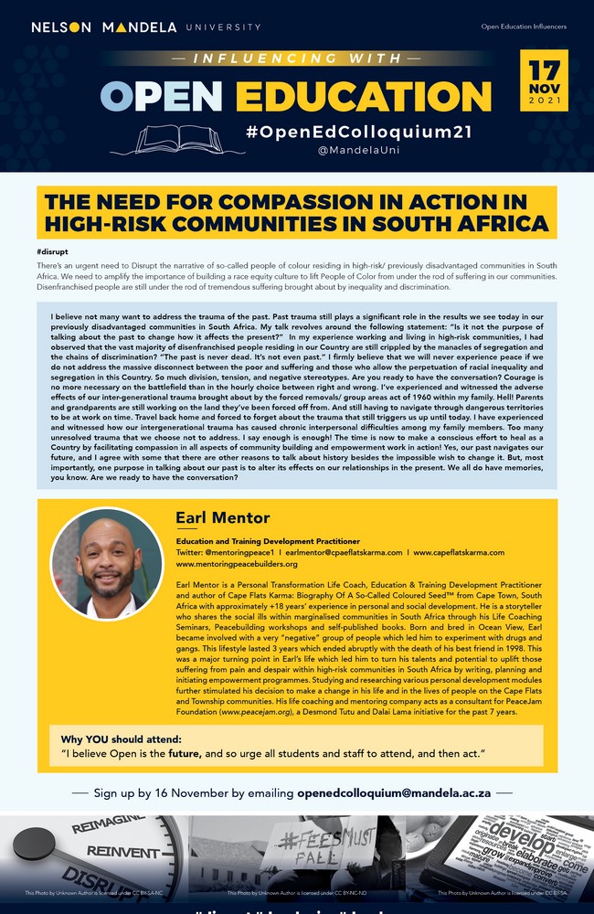 MandelaUni's tweet image. Thread: 

Join us at the #OpenEdColloquium21 @MandelaUni on 17 November 2021, 9am to 2pm, hosted by Chester Missing and Conrad Koch.

The hashtags are #disrupt / #decolonise / #develop, with a focus on Open Education for academics and students.

[1]