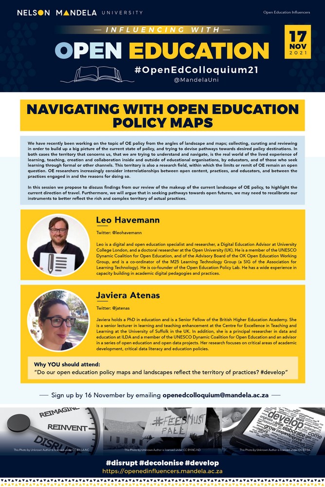 MandelaUni's tweet image. Thread: 

Join us at the #OpenEdColloquium21 @MandelaUni on 17 November 2021, 9am to 2pm, hosted by Chester Missing and Conrad Koch.

The hashtags are #disrupt / #decolonise / #develop, with a focus on Open Education for academics and students.

[1]