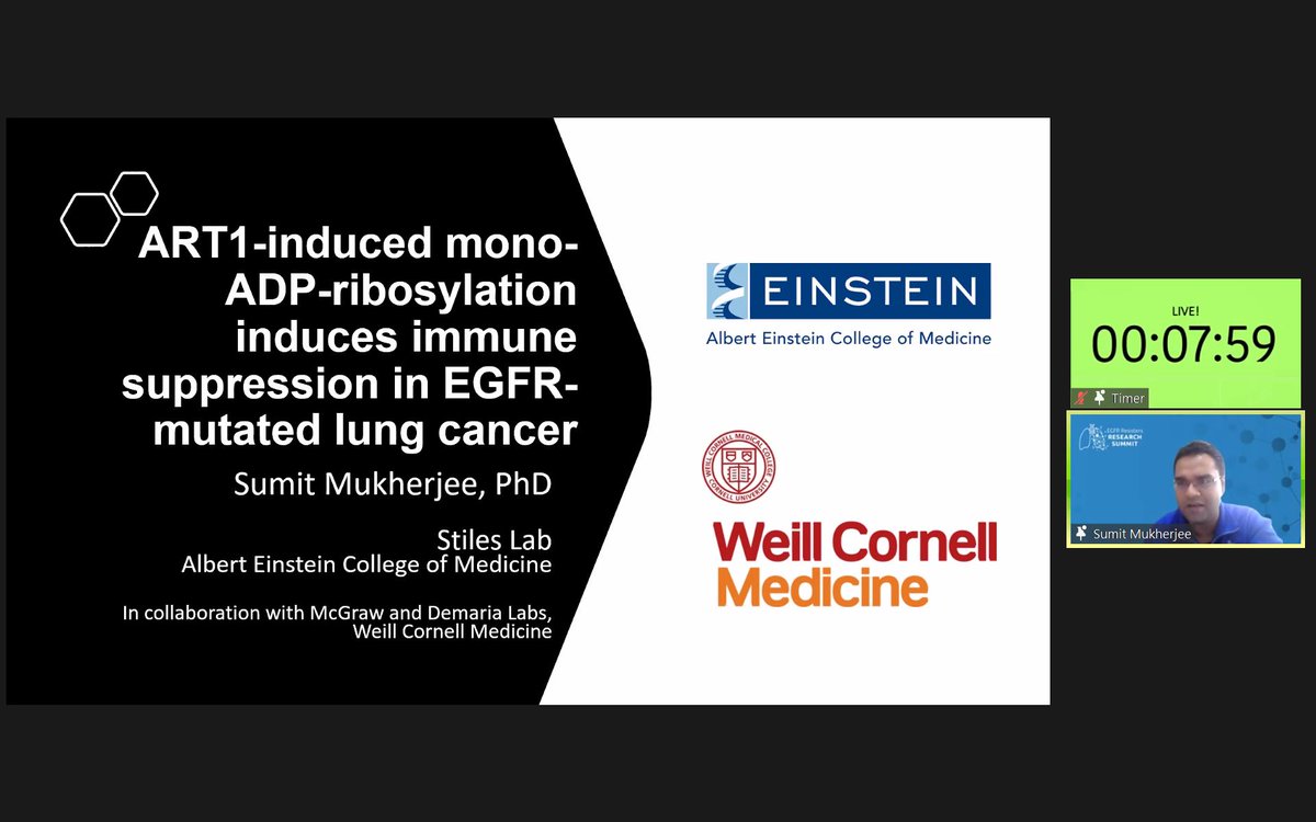 EGFR Resisters Research Summit (@egfrsummit) on Twitter photo Dr. Sumit Mukherjee (<a href="/mukherjee0886/">Sumit Mukherjee, Ph.D. / সুমিত মুখোপাধ্যায়</a>) from <a href="/EinsteinMed/">Albert Einstein College of Medicine - Official</a>, delineated his findings on how ART1-induced mono-ADP-ribosylation induces immune repression in #EGFR-mutated #lungcancer. #EGFRSummit21 #LCAM #LCSM Dr. Sumit Mukherjee (<a href="/mukherjee0886/">Sumit Mukherjee, Ph.D. / সুমিত মুখোপাধ্যায়</a>) from <a href="/EinsteinMed/">Albert Einstein College of Medicine - Official</a>, delineated his findings on how ART1-induced mono-ADP-ribosylation induces immune repression in #EGFR-mutated #lungcancer. #EGFRSummit21 #LCAM #LCSM