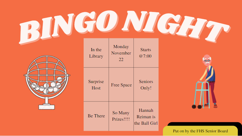 FarragutSMM's tweet photo. BINGO NIGHT!! Senior only! On November 22 in the library! Event starts at 7! Be there!! #bingo #studentlife #seniors #fhssmm https://t.co/DEJ6ziKbDY