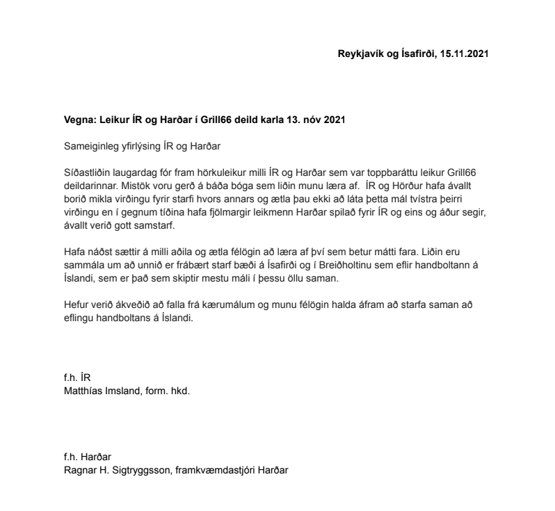 Sameiginleg yfirlýsing frá handknattleiksdeild ÍR og Harðar. <a href="/VisirSport/">Sportið á Vísi</a> <a href="/HSI_Iceland/">HSÍ</a> <a href="/handboltiis/">@handboltiis</a> <a href="/IR_Handbolti/">ÍR Handbolti</a>