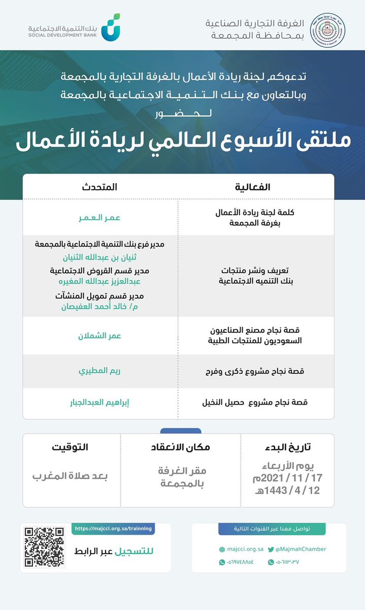 ضمن #الأسبوع_العالمي_لريادة_الأعمال
لجنة ريادة الأعمال بالغرفة بالتعاون مع بنك التنمية الاجتماعية <a href="/SDB_sa/">بنك التنمية الاجتماعية</a> تقدم:
ملتقى الأسبوع العالمي لريادة الأعمال
وذلك يوم الاربعاء 2021/11/17م
بعد صلاة المغرب 
للتسجيل
majcci.org.sa/trainning
