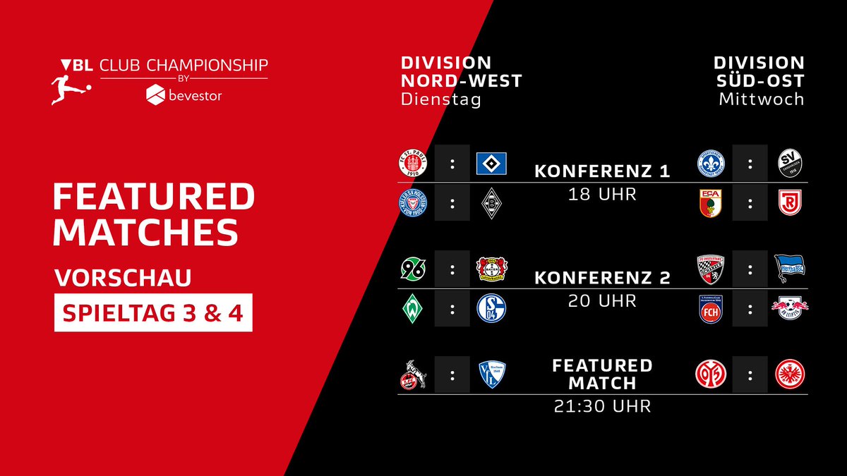 Zeit für einen Ausblick 👀

Euch erwartet der zweite Doppelspieltag in beiden Divisionen, mit folgenden Featured Matches im Livestream:

NW: <a href="/fckoeln/">1. FC Köln</a> 🆚 <a href="/VfL1848eSports/">VfL Bochum 1848 eSports-Team</a> 
SO: <a href="/Mainz05eSports/">Mainz 05 eSPORTS</a> 🆚 <a href="/Eintrachtesport/">Eintracht Frankfurt Esports</a>

Alle Infos im Vorbericht 👇🏼
virtual.bundesliga.com/de/news/vbl-cl…