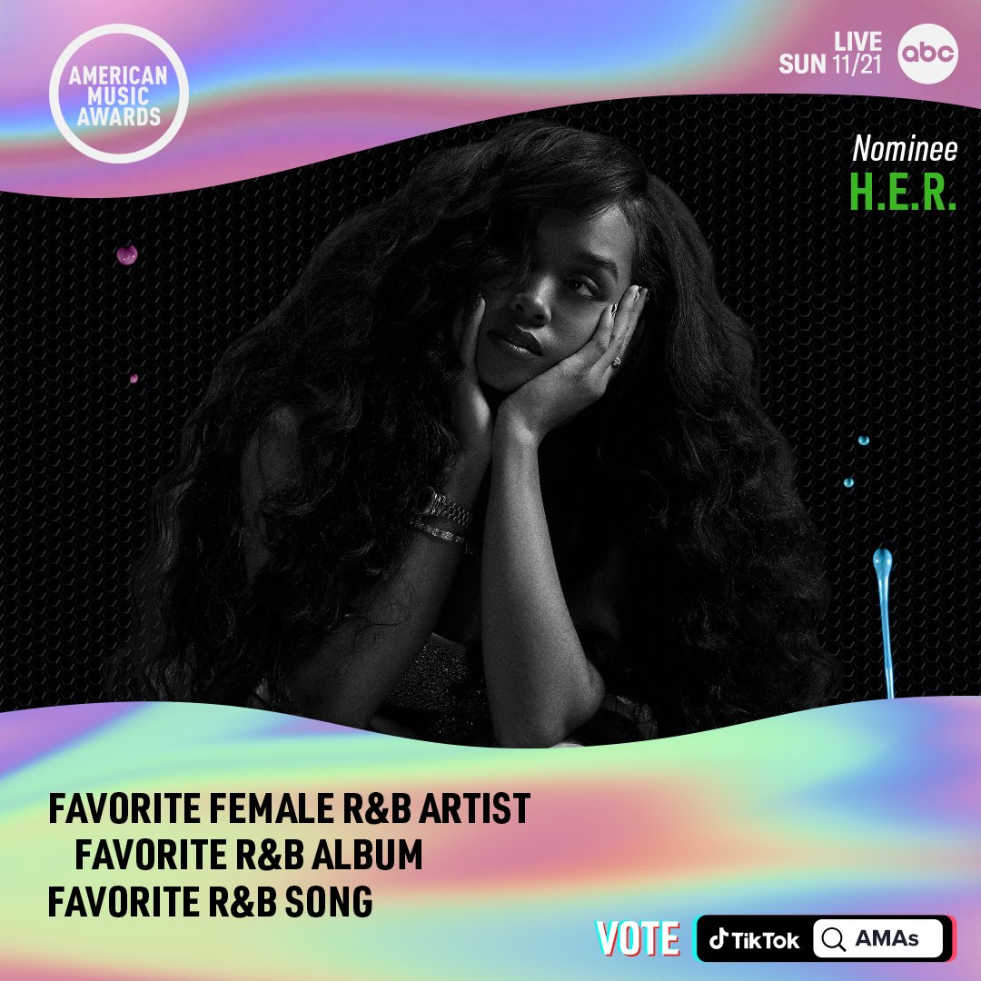 AMAs's tweet photo. .@HERMusicx is up for THREE #AMAs!

♦️ Favorite Female R&amp;B Artist
♦️ Favorite R&amp;B Album
♦️ Favorite R&amp;B Song

Vote now by searching AMAs on @tiktok_us or click here: https://t.co/pFcEvlMPpM https://t.co/1PF0bRJB9z
