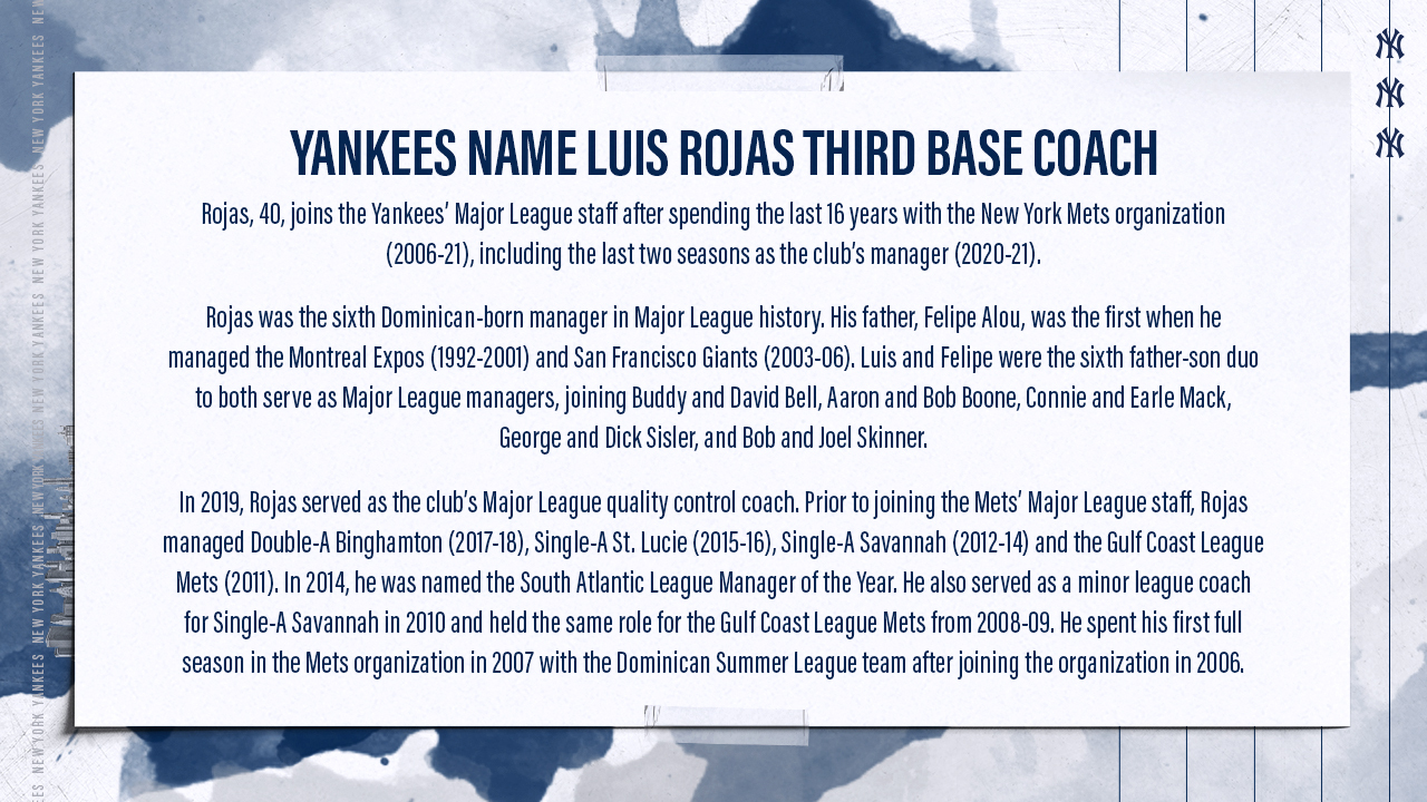 New York Yankees on X: The New York Yankees today announced that Luis  Rojas has been named the club's third base coach.   / X